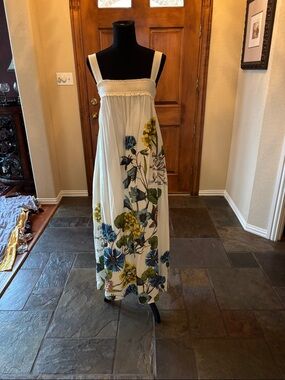 Women’s White Floral Maxi Dress w/Blue & Yellow Blooms by Maeve